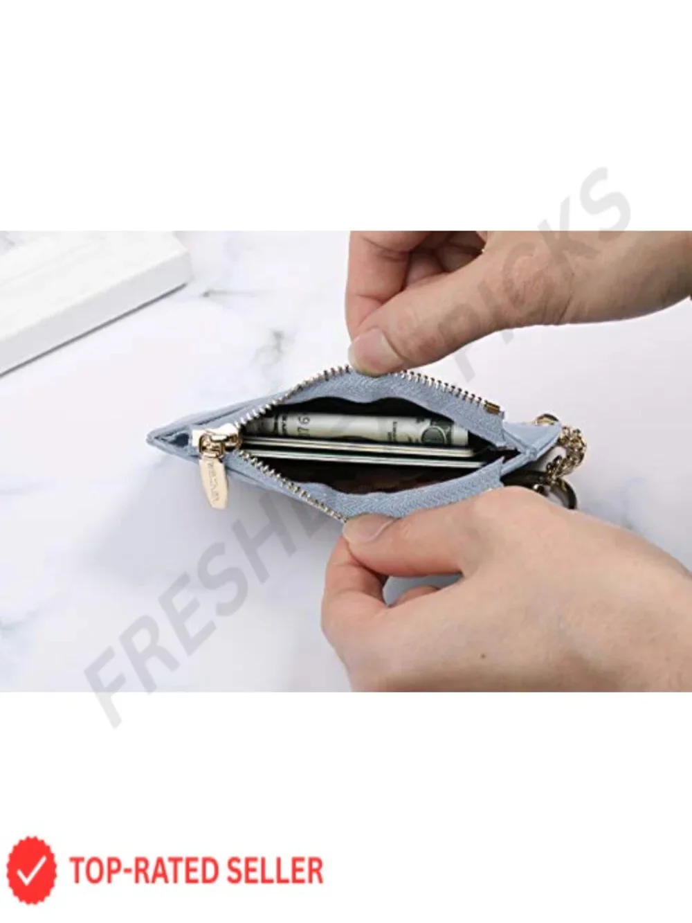Slim PU Leather Card Holder Wallet with Coin Pocket & Keychain for Women